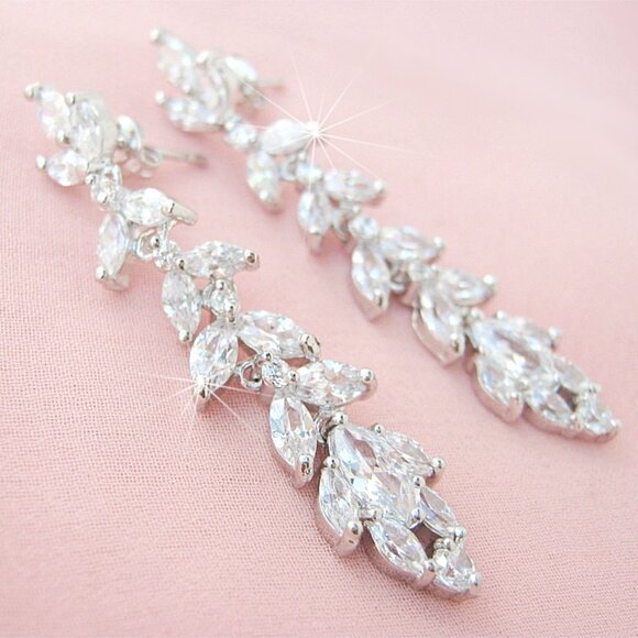 Linear Leaf Motif Earrings Cubic Zirconia Diamond Dangle Drop Nadri Style - Picture 1 of 6